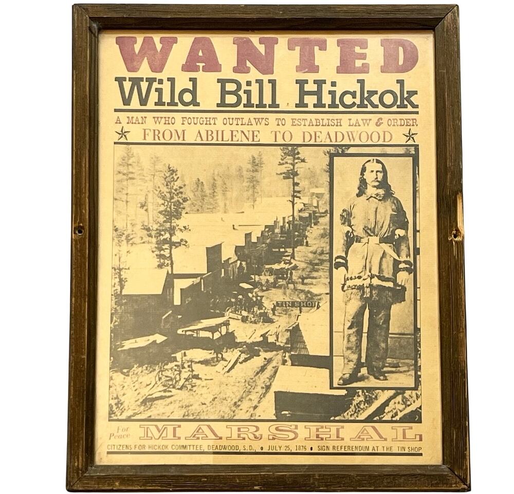 Vintage Wild Bill Hickok Wanted Poster Marshal Framed Old West Wall Decor 11x14